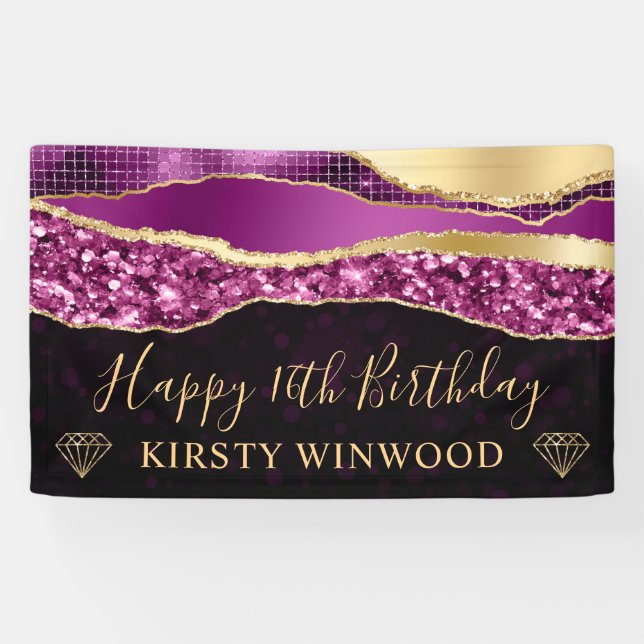 Purple and Gold Glitter Glam Edge Sweet Sixteen Banner (Horizontal)