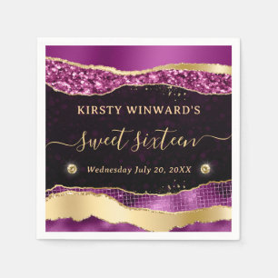 Purple and Gold Glitter Glam Tears Bokeh Sweet 16 Napkins