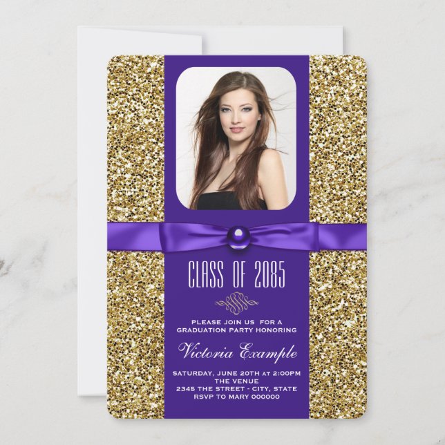 Purple and Gold Glitter Graduation Announcements (Front)