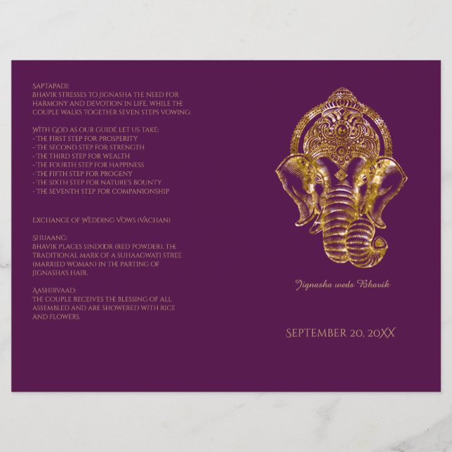 Purple and Gold Glitter Hindu Wedding Program (Front)