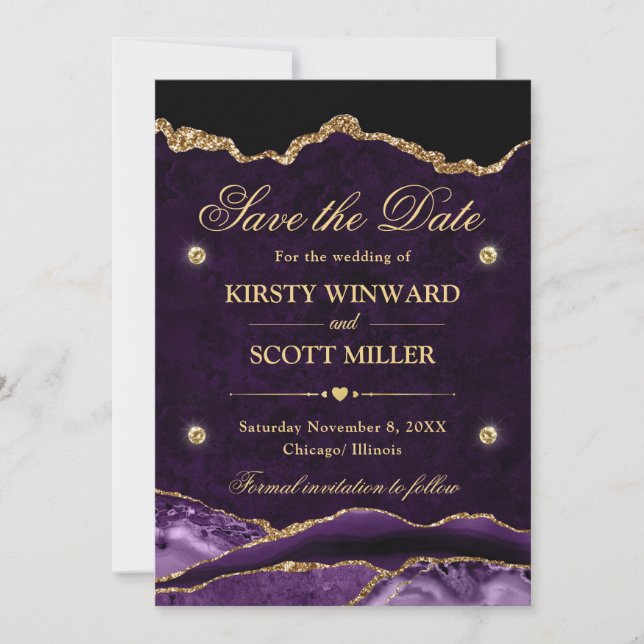 Purple and Gold Glitter Marble Agate Save the Date (Front)