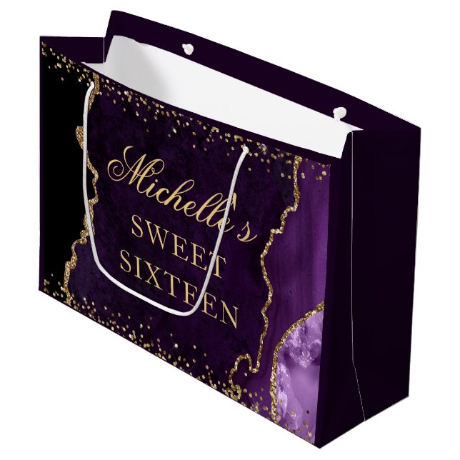 Purple and Gold Glitter Marble Agate Sweet 16 Large Gift Bag (Front Angled)