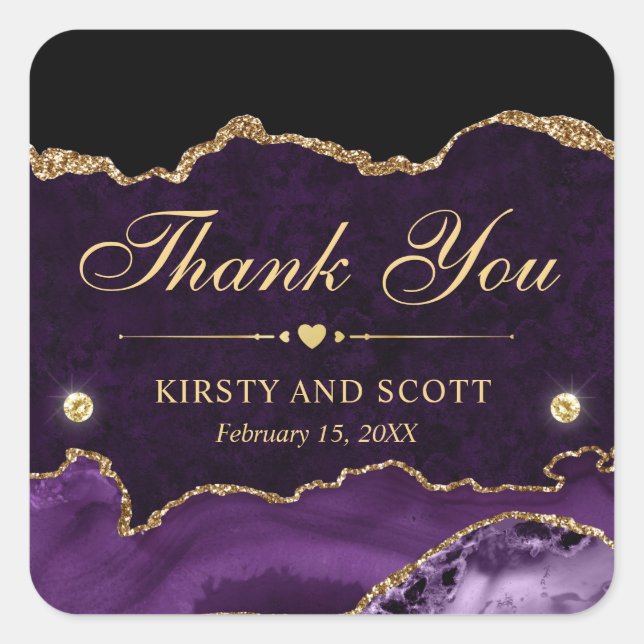 Purple and Gold Glitter Marble Agate Wedding Square Sticker (Front)