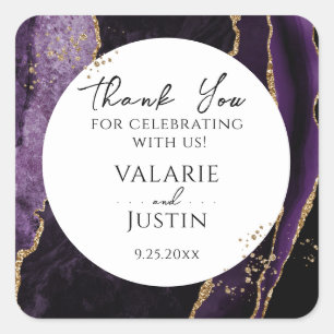 Purple and Gold Glitter Marble Thank You Square Sticker