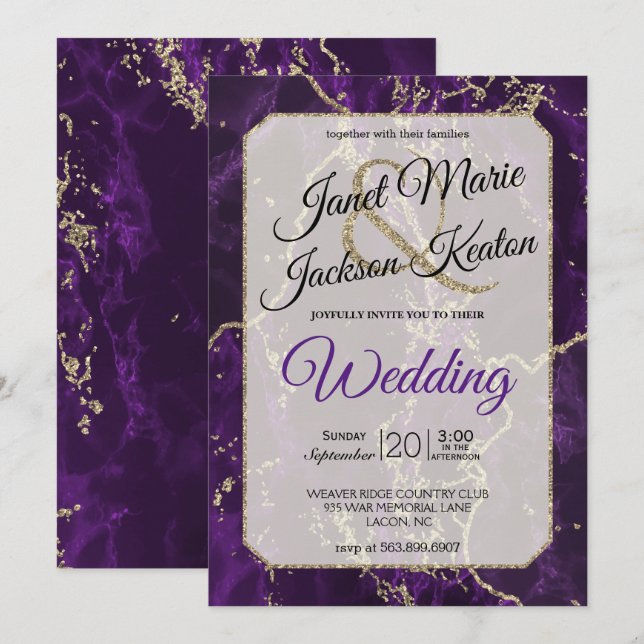 Purple and Gold Glitter Marble Wedding Invitation (Front/Back)