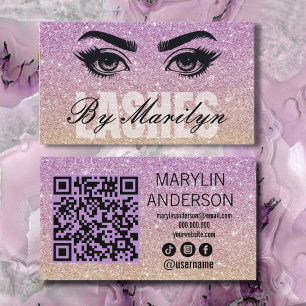 Purple and Gold Glitter Ombre Lash Tech QR Code Business Card