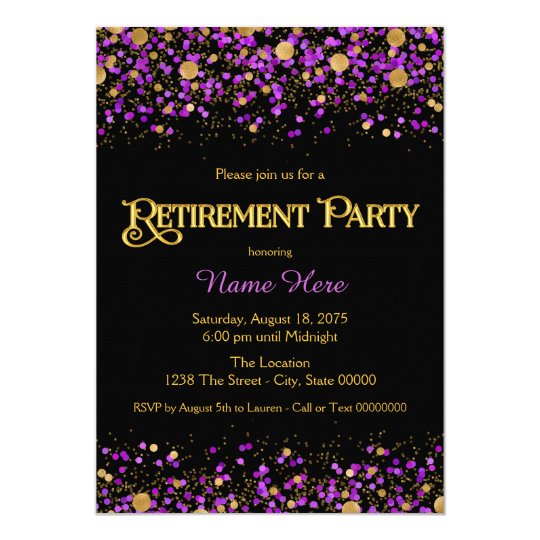 purple and gold glitter retirement party card zazzle