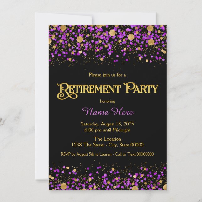 Purple and Gold Glitter Retirement Party Invitation (Front)