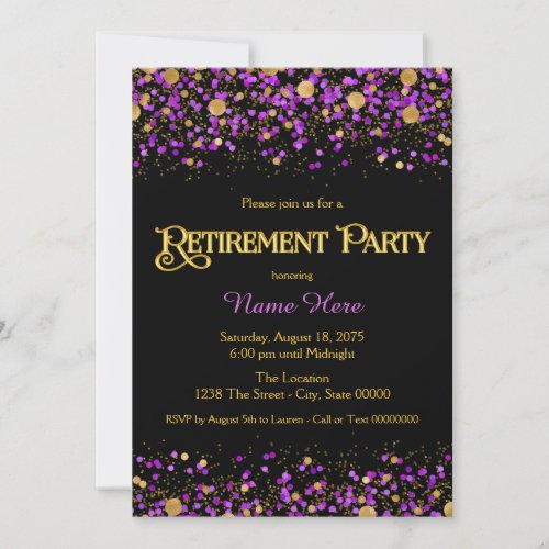 Purple and Gold Glitter Retirement Party Invitation