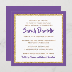 Purple and Gold Glitter Square Bat Mitzvah Invitation