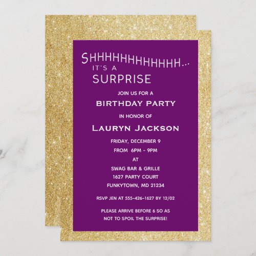 Purple and Gold Glitter Surprise Party Birthday Invitation