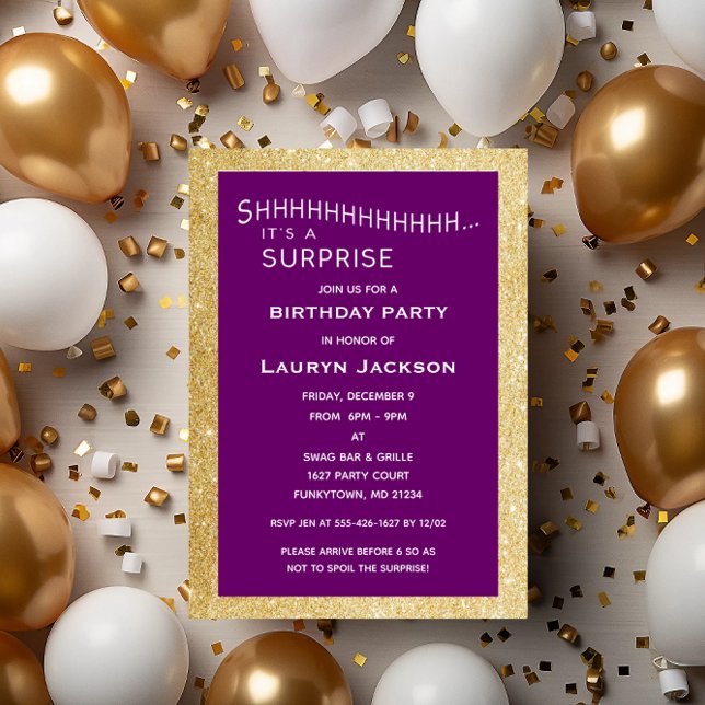Purple and Gold Glitter Surprise Party Birthday Invitation (Creator Uploaded)