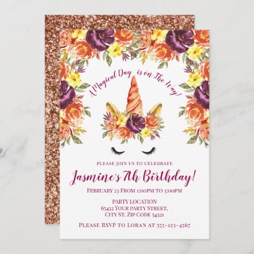 Purple and Gold Glitter Unicorn Birthday Invitation