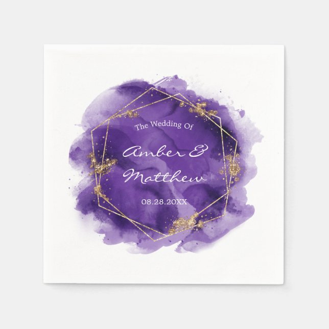 Purple and Gold Glitter Watercolor Wedding Napkins (Front)