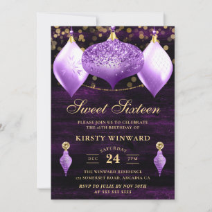 Purple and Gold Glitter Winter Baubles Sweet 16 Invitation