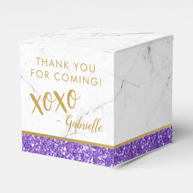 Purple and Gold Glitter xoxo Fun Modern Marble Favor Boxes (Front Side)