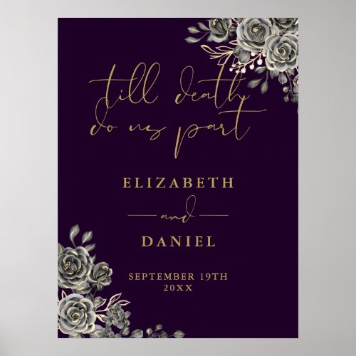 Purple And Gold Goth Roses Floral Wedding Sign