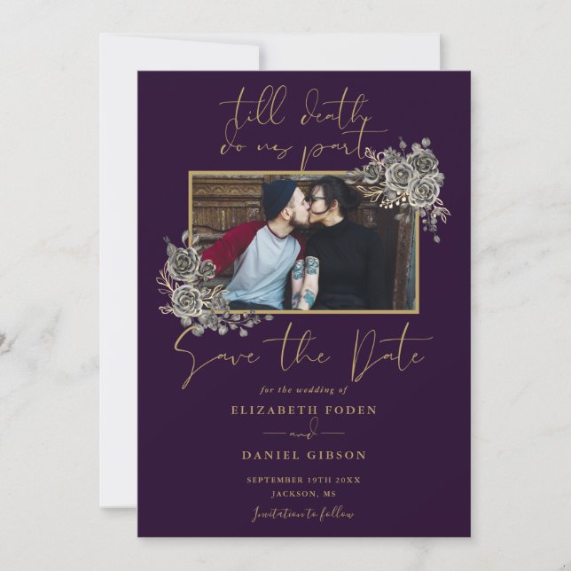 Purple And Gold Gothic Floral Photo Wedding Save The Date (Front)