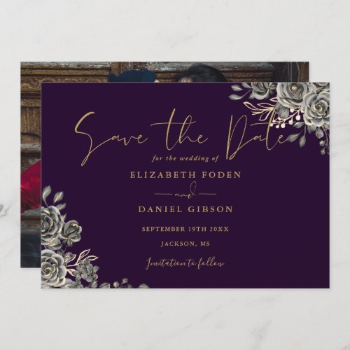 Purple And Gold Gothic Floral Photo Wedding Save The Date