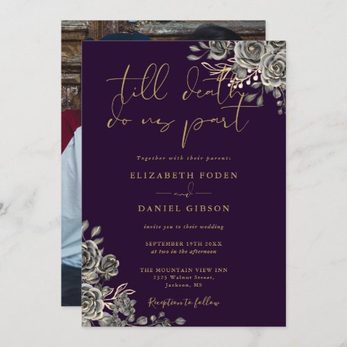 Purple And Gold Gothic Roses Floral Photo Wedding Invitation