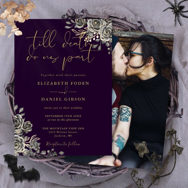 Purple And Gold Gothic Roses Floral Photo Wedding Invitation (Purple And Gold Gothic Roses Floral Photo Wedding Invitation)