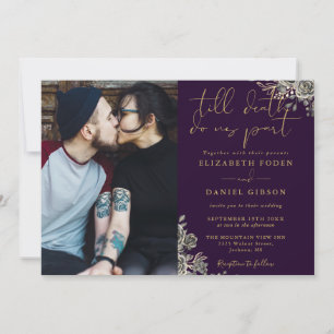 Purple And Gold Gothic Roses Floral Photo Wedding Invitation