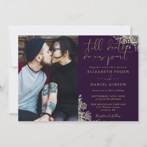 Purple And Gold Gothic Roses Floral Photo Wedding Invitation