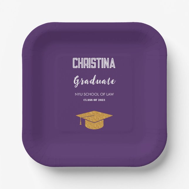 Purple and Gold Graduation Cap Paper Plates (Front)