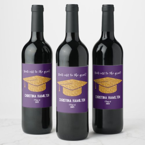 Purple and Gold Graduation Cap Wine Label