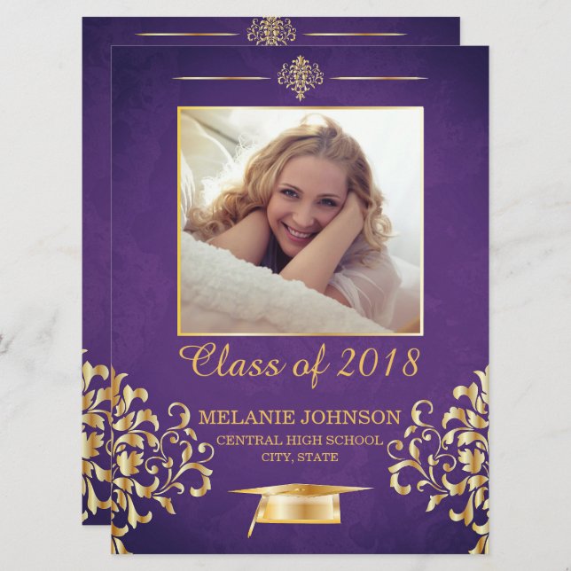 Purple and Gold Graduation Invitation (Front/Back)