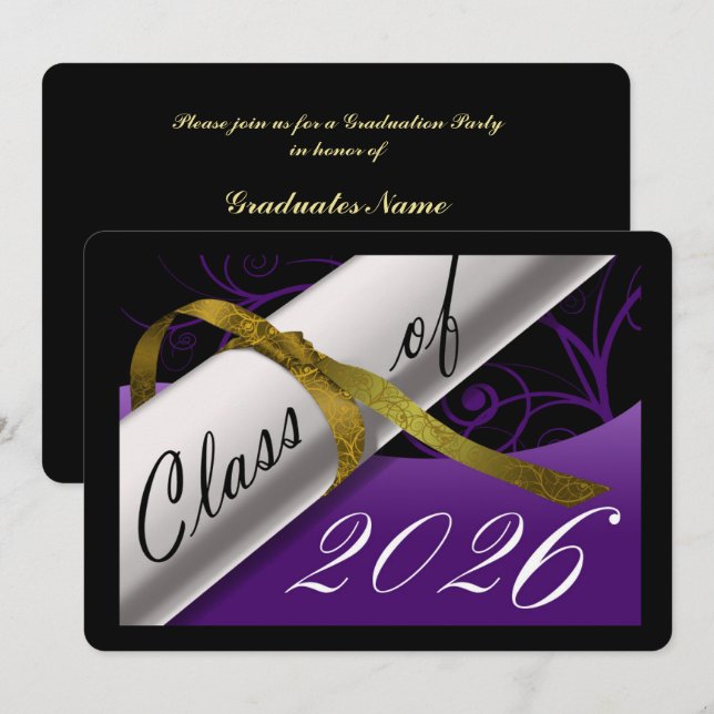 Purple and Gold Graduation Party Invitation (Front/Back)