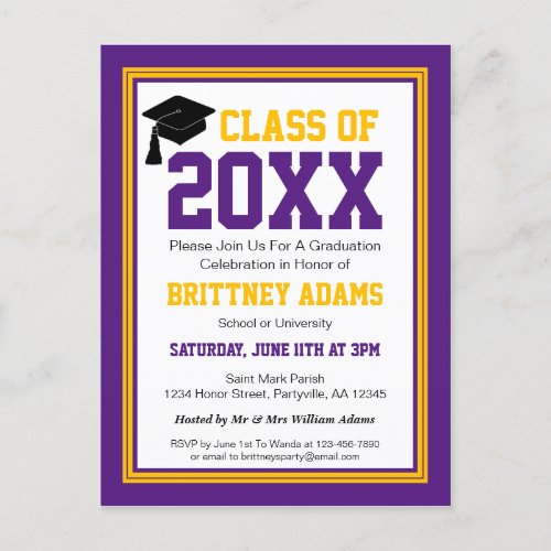 Purple and Gold Graduation Party Invitation Postcard