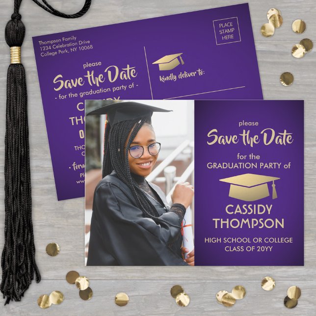 Purple and Gold Graduation Photo Save the Date Postcard (Creator Uploaded)