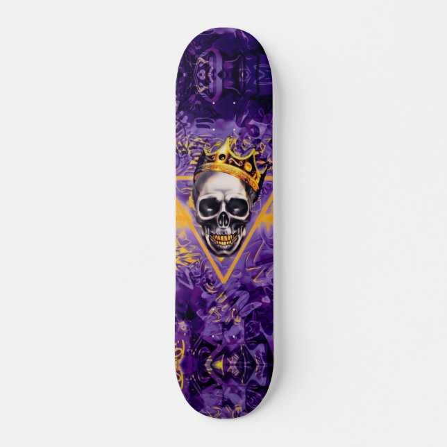 Purple and Gold Graffiti Skull King Skateboard (Front)