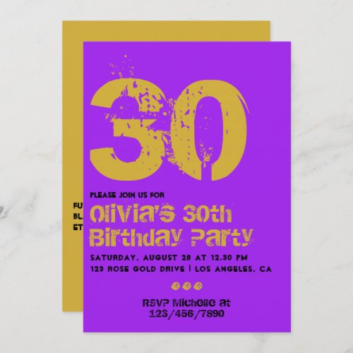 Purple and Gold Grunge Typography Birthday Invitat Invitation