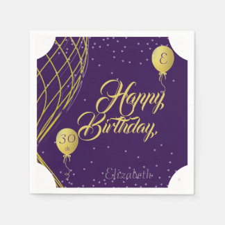 Purple and Gold Happy Birthday Paper Napkin