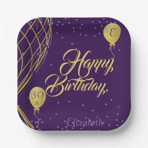 Purple and Gold Happy Birthday Paper Plate