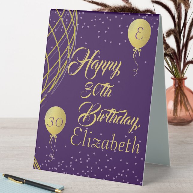 Purple and Gold Happy Birthday Table Tent Sign (In SItu (Table))