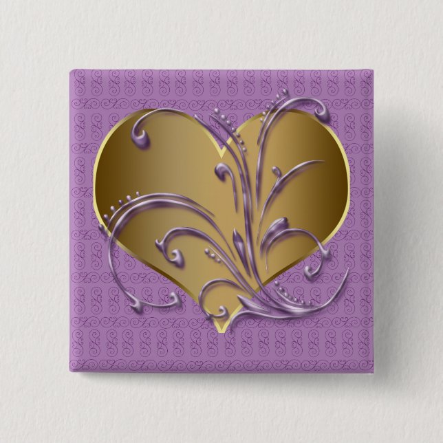 Purple And Gold Heart Pinback Button (Front)