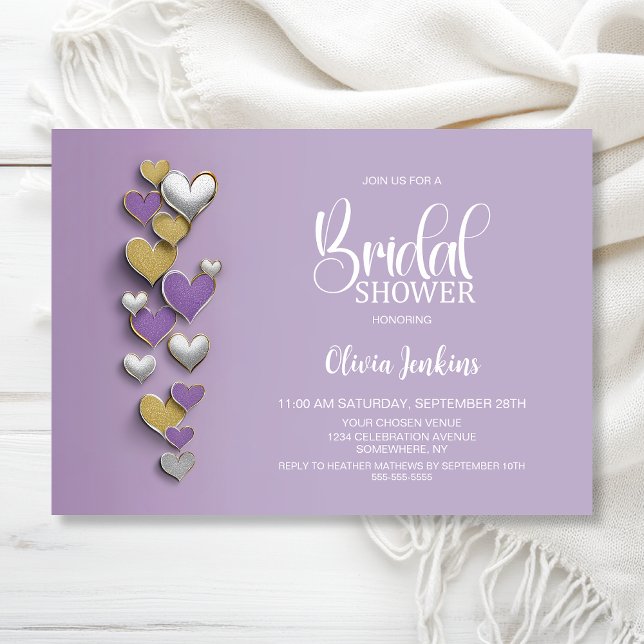 Purple and Gold Hearts Bridal Shower Invitation (Creator Uploaded)