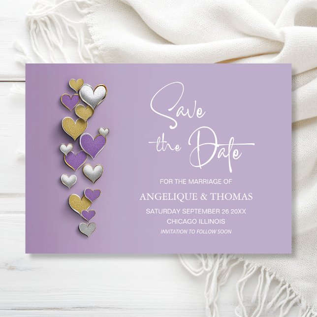 Purple and Gold Hearts Wedding Save the Date (Creator Uploaded)