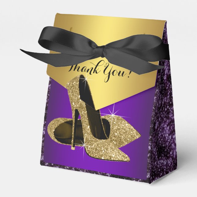 Purple and Gold High Heel Shoe Birthday Favor Boxes (Front Side)