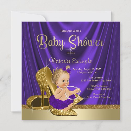 Purple and Gold High Heel Shoe Girl Baby Shower Invitation