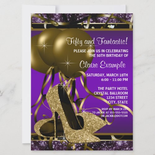 Purple and Gold High Heels Birthday Party Invitation