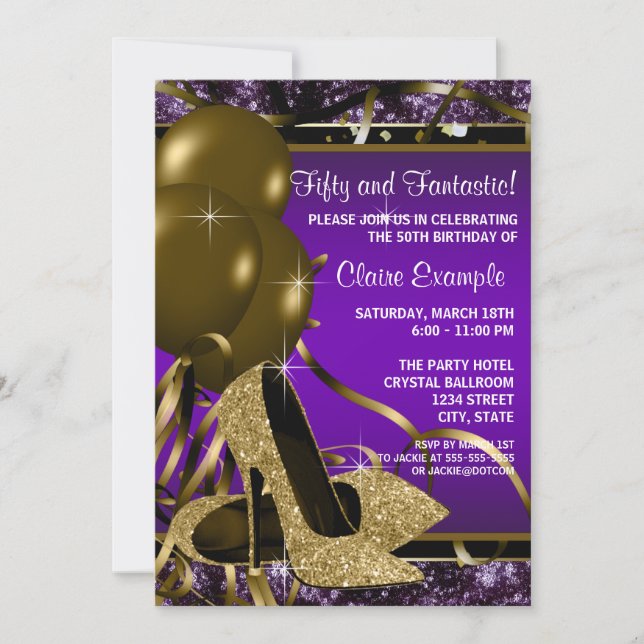 Purple and Gold High Heels Womans Birthday Party Invitation (Front)
