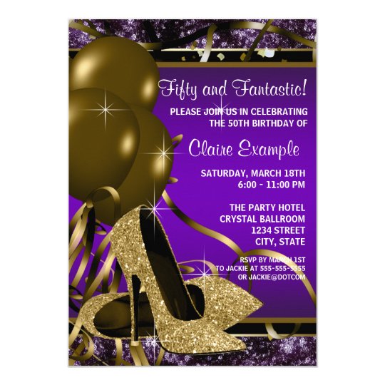 Purple And Gold High Heels Womans Birthday Party Invitation