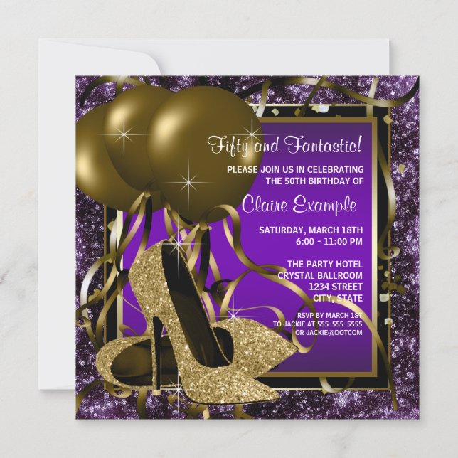 Purple and Gold High Heels Womans Birthday Party Invitation (Front)