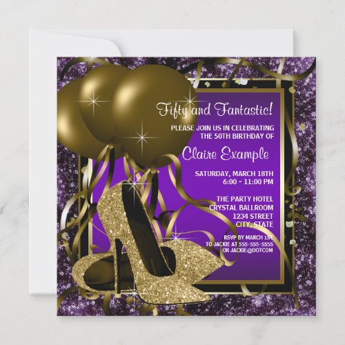 Purple and Gold High Heels Womans Birthday Party Invitation