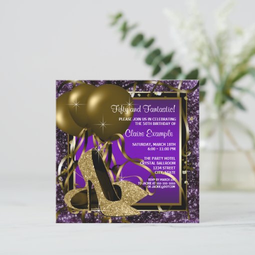 Purple And Gold High Heels Womans Birthday Party Invitation Zazzle