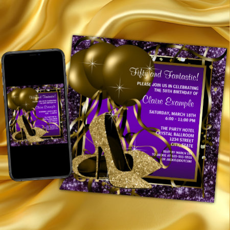 Purple And Gold High Heels Womans Birthday Party Invitation